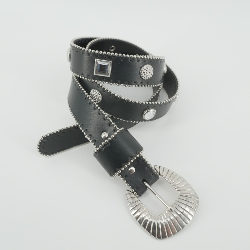 Western Studded Belt Womens 30" M Black Leather Crystal Ball Chain Trim
